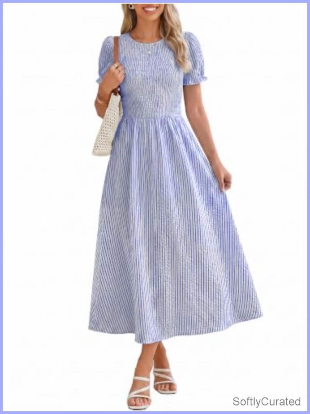 Women's Striped Smocked Puff Sleeve Midi Dress with Pockets